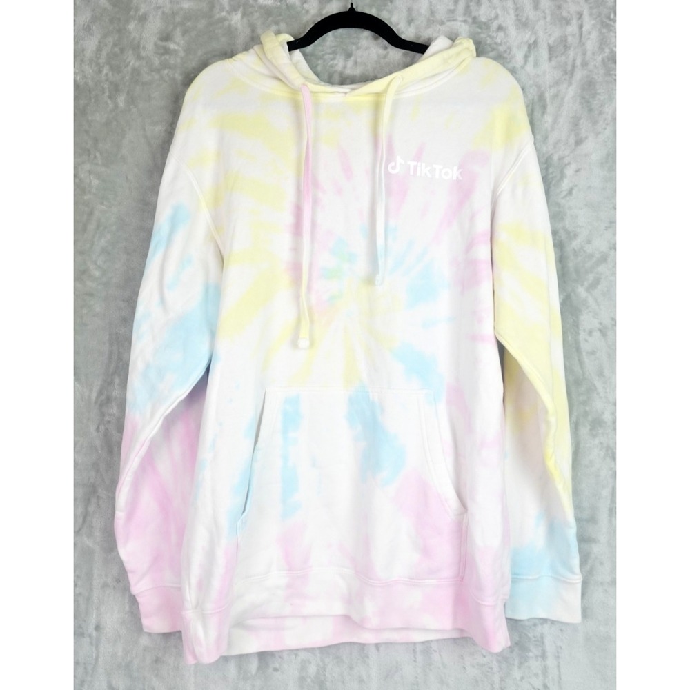 TikTok Tie Dye Logo Hoodie Women Size L Multicolor Pastel Long Sleeve Pullover
